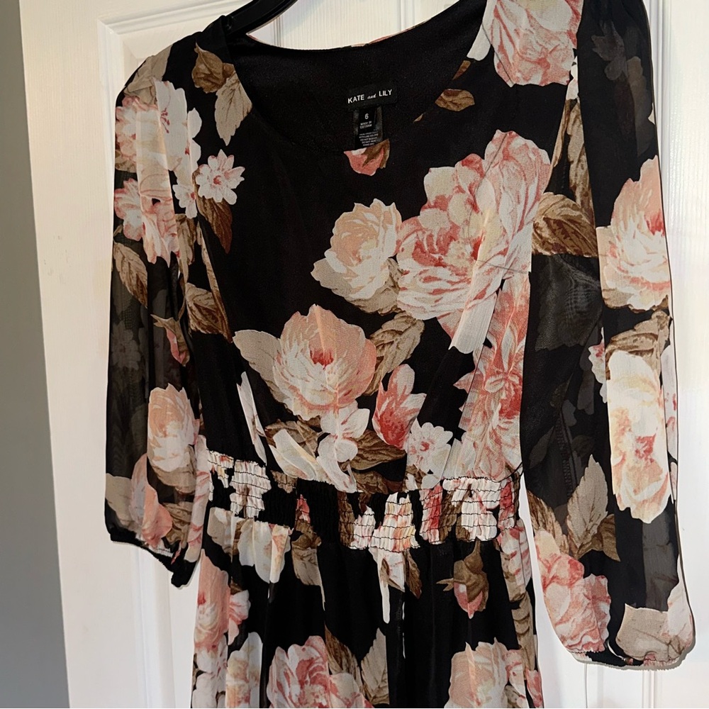 Black Floral Midi Dress with Pink Blooms - Picture 3 of 9